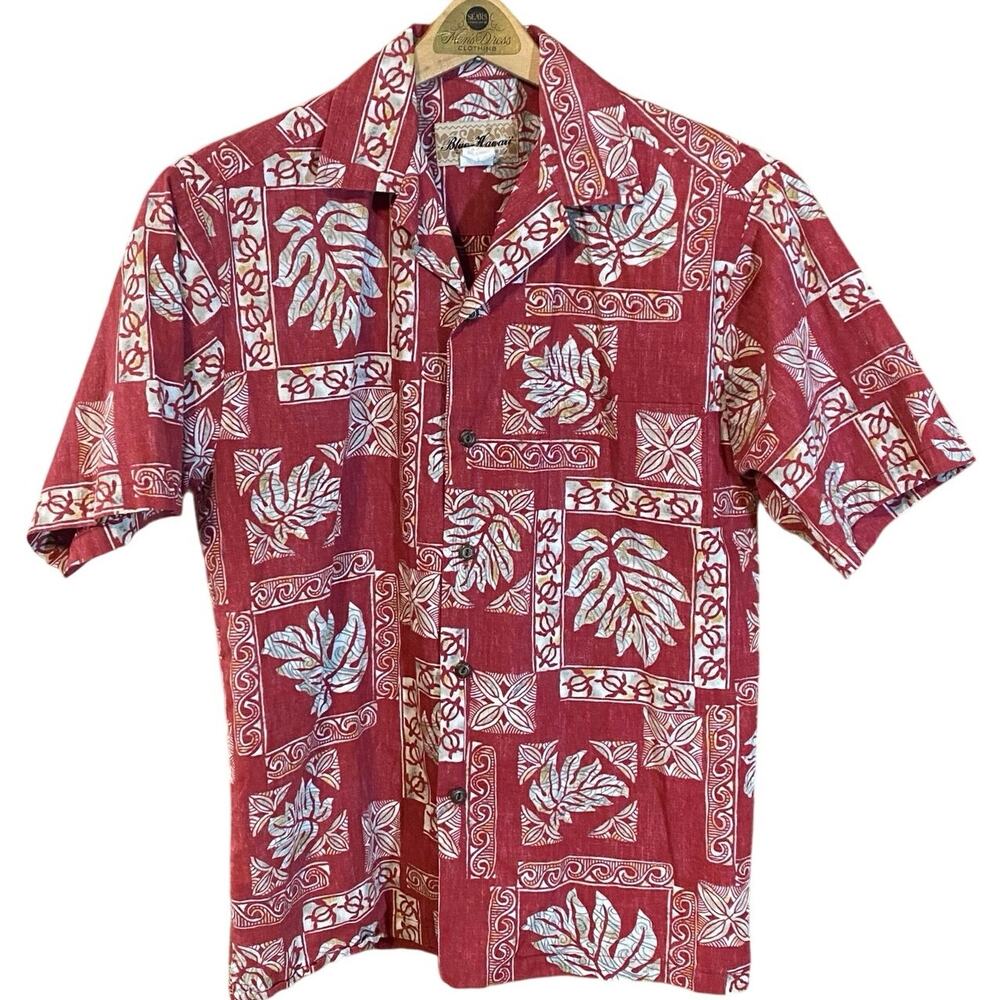 Blue Hawaii Hawaiian made Red Block Print Aloha Shirt Size Small turtle tropical